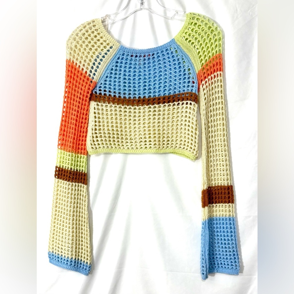 UO “Chloe” Multi Color Striped Open Knit Cropped Sweater With Bell Sleeves - Picture 2 of 7